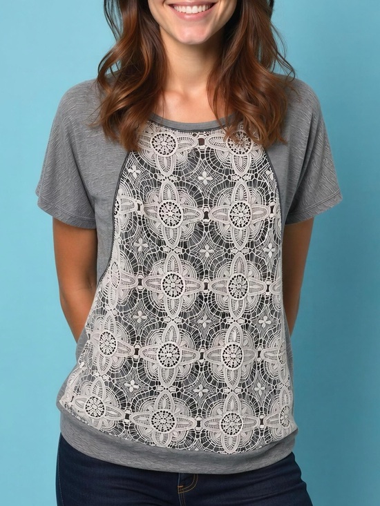 Jolt Tops - Jolt Boho Mixed Media Lace Front Raglan Top Gray & White Floral Crochet Medium